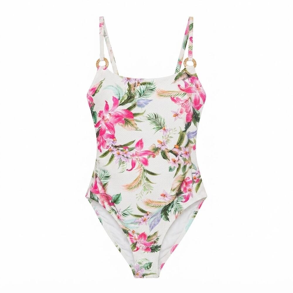 La Blanca Mystic Palms Raffia Ring One Piece Swimsuit Size 10 NWOT